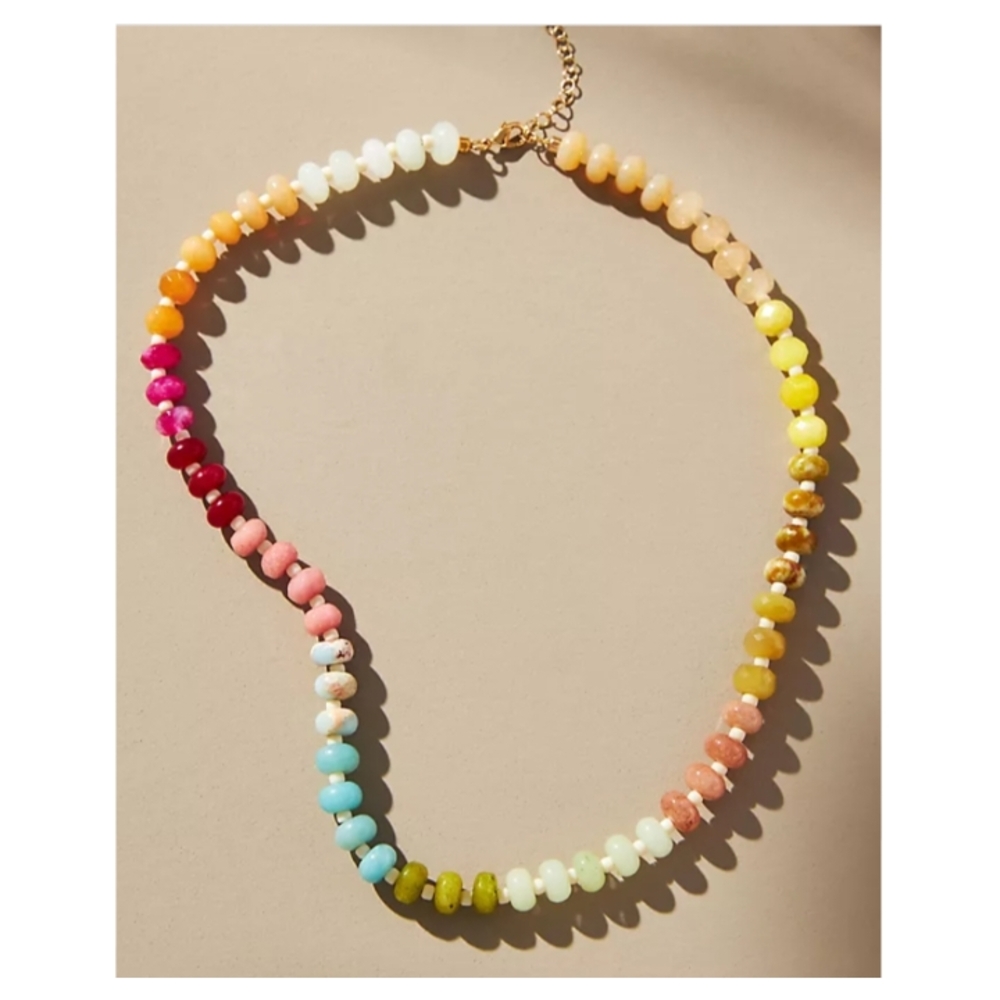 NEW! Anthropologie Rainbow Multicolor Beaded Stones Gold Plated Necklace